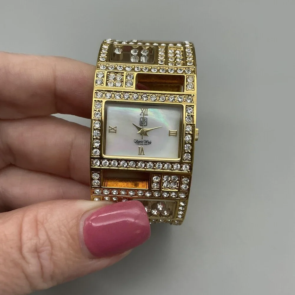 Victoria Wieck Womens Watch 27mm Gold Tone Floating Crystals Cuff New Battery